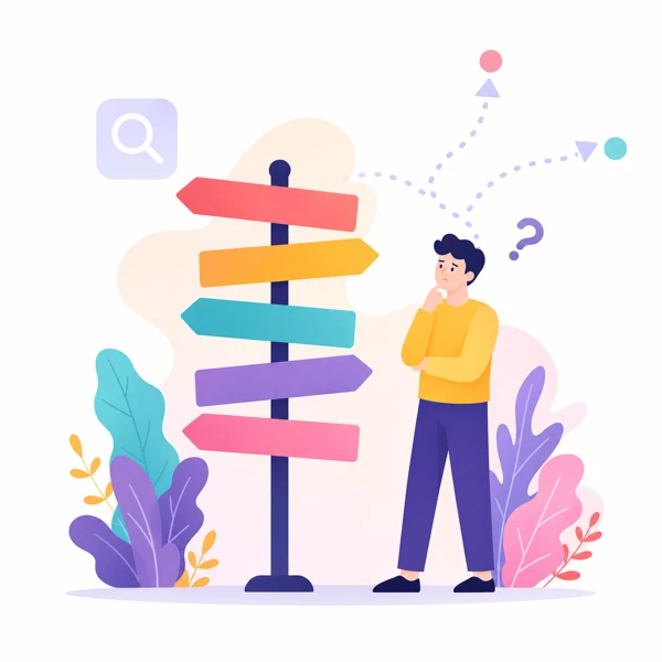 案内標識の前で必要な情報を探す人のイラスト