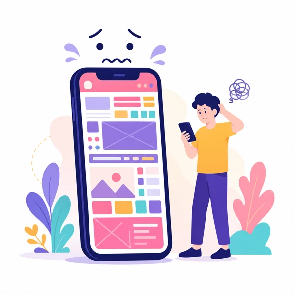 スマートフォンで見づらいホームページに困る人のイラスト