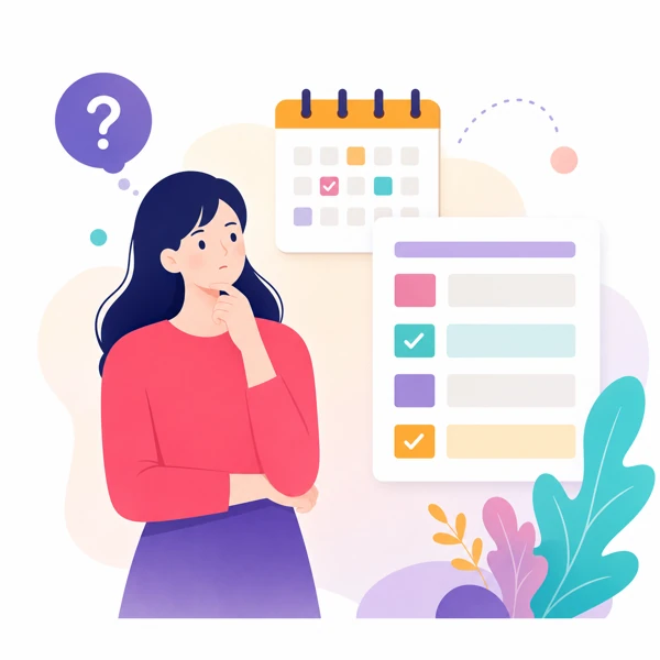 予約カレンダーとフォームを前に迷う人のイラスト
