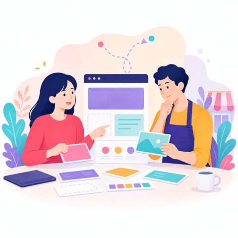 事業者とデザイナーが新しいホームページを一緒に作るイラスト